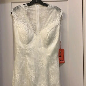 YISHAER Ivory Lace Wedding Dress Cap Sleeve Long V-Neck Size 10 New